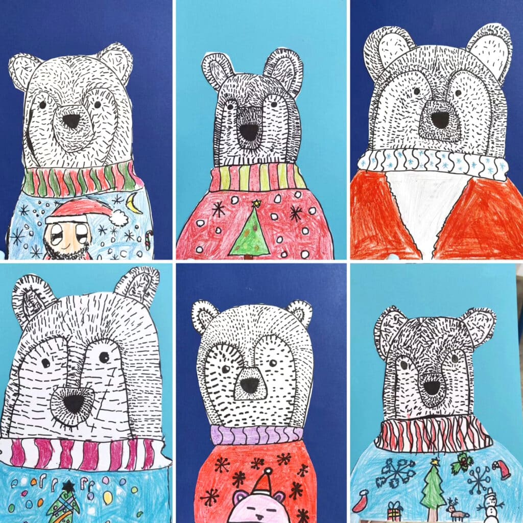 Student art drawings of Bears in a Sweater