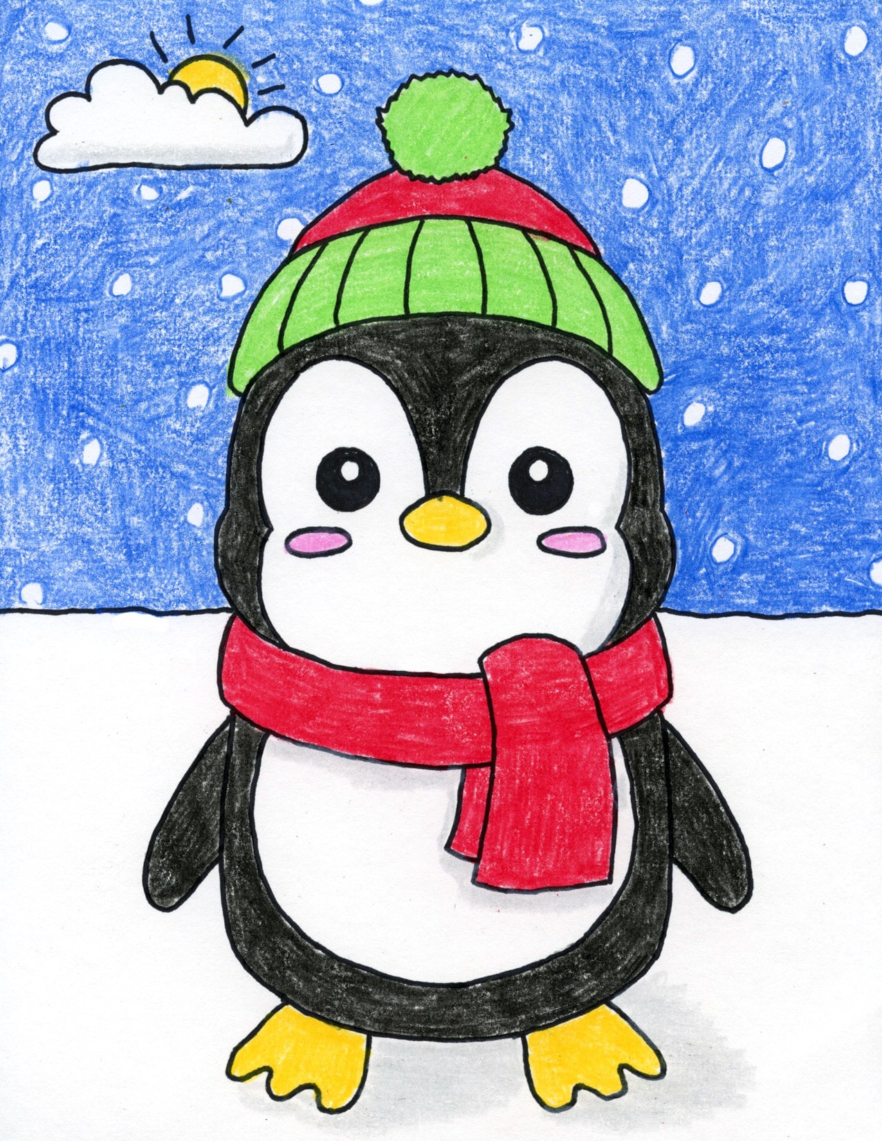 Easy How to Draw a Cute Penguin Tutorial and Cute Penguin Coloring Page