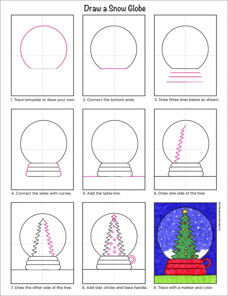 A step by step tutorial for how to draw an easy Snow Globe, also available as a free download.