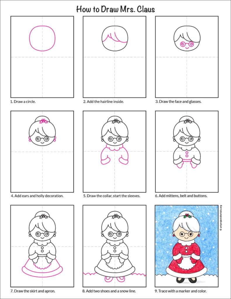 A step by step tutorial for how to draw an easy Mrs. Claus, also available as a free download.