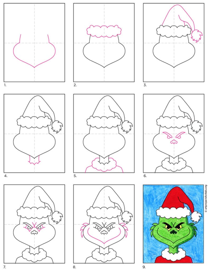 A step by step tutorial for how to draw an easy Grinch, also available as a free download.