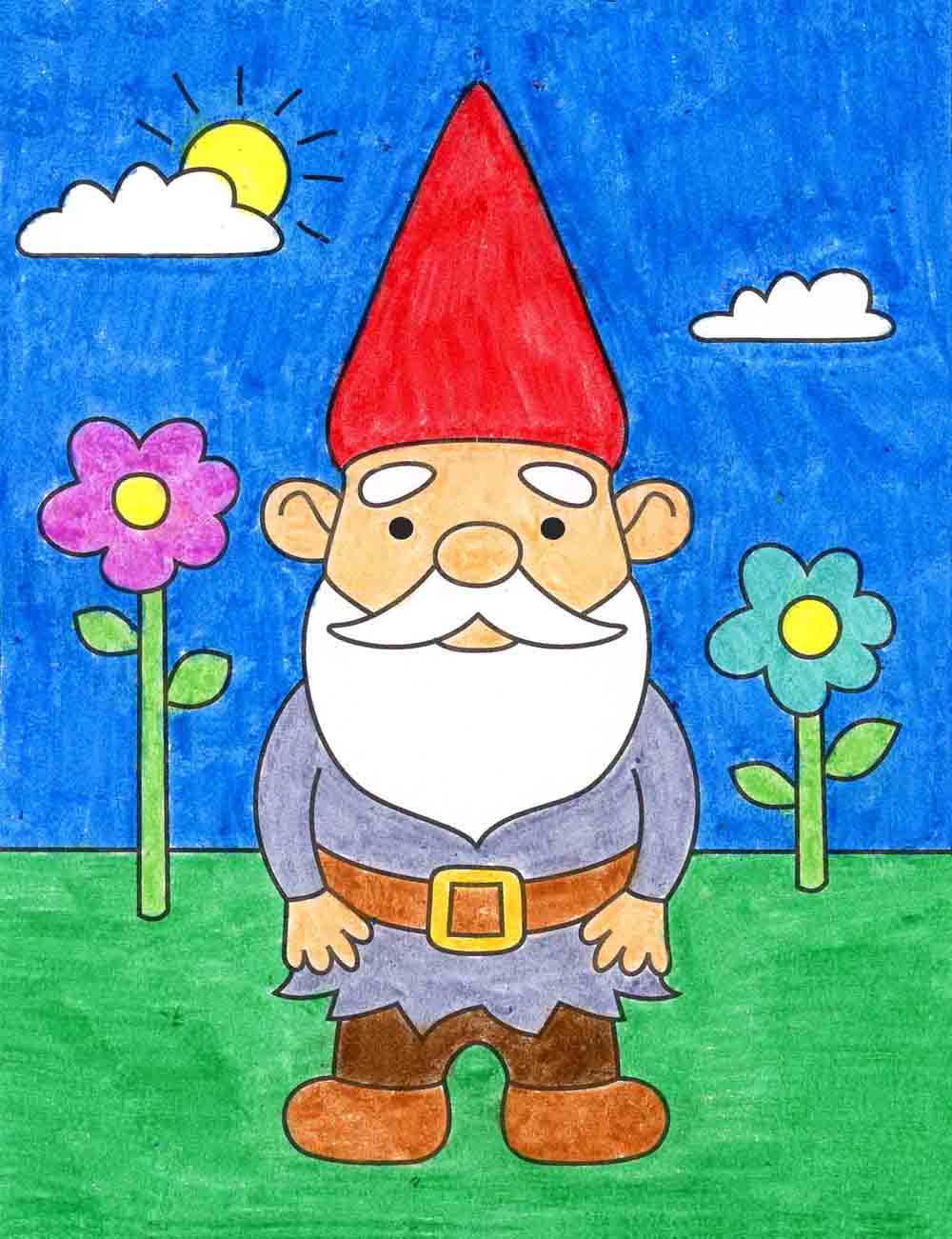 Easy How to Draw a Gnome Tutorial and Gnome Coloring Page