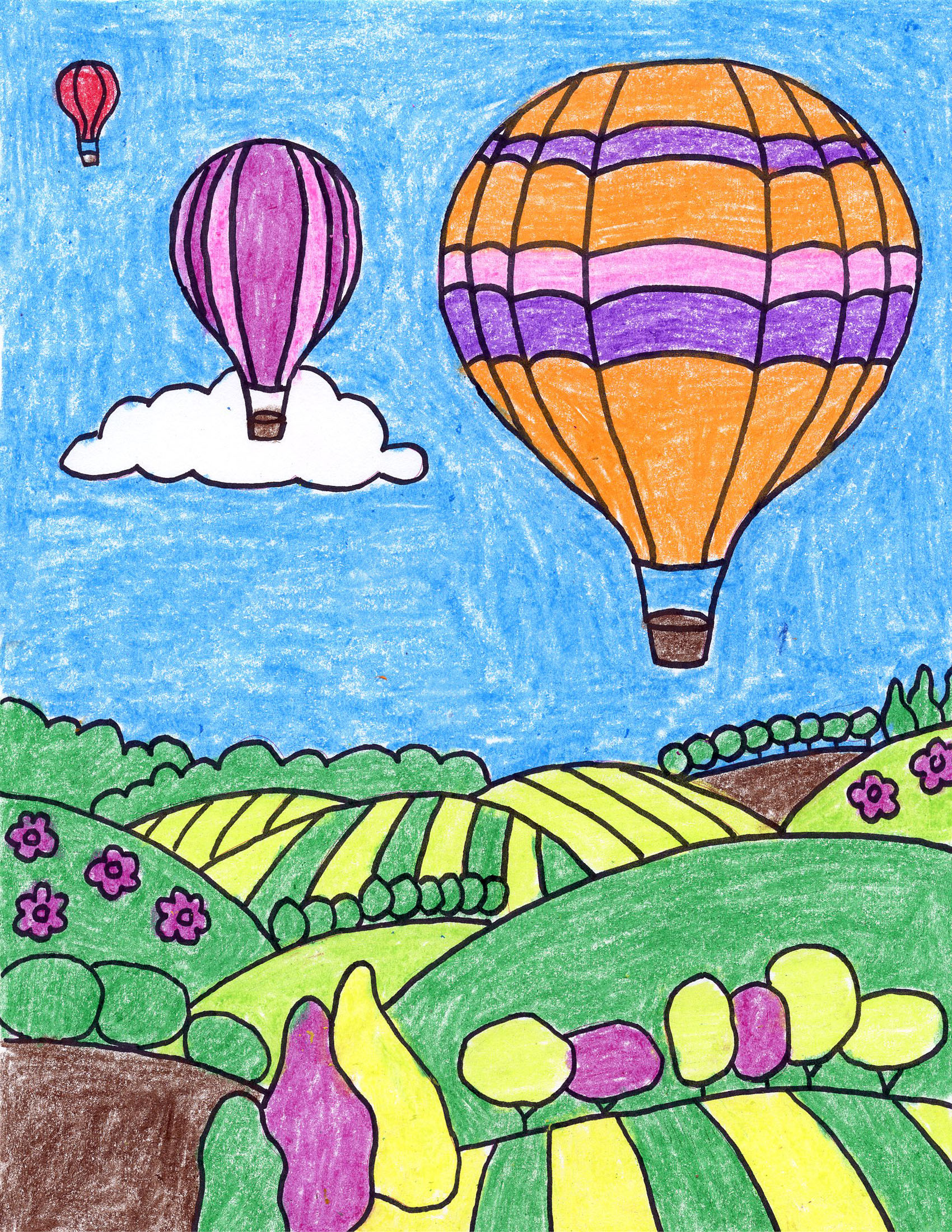 Easy How to Draw a Hot Air Balloon Tutorial and Coloring Page