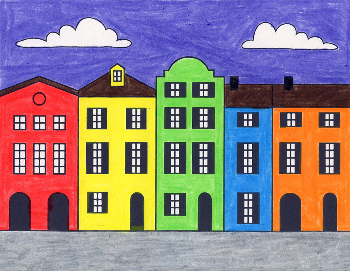 Easy How to Draw Row Houses Tutorial and Row Houses Coloring Page
