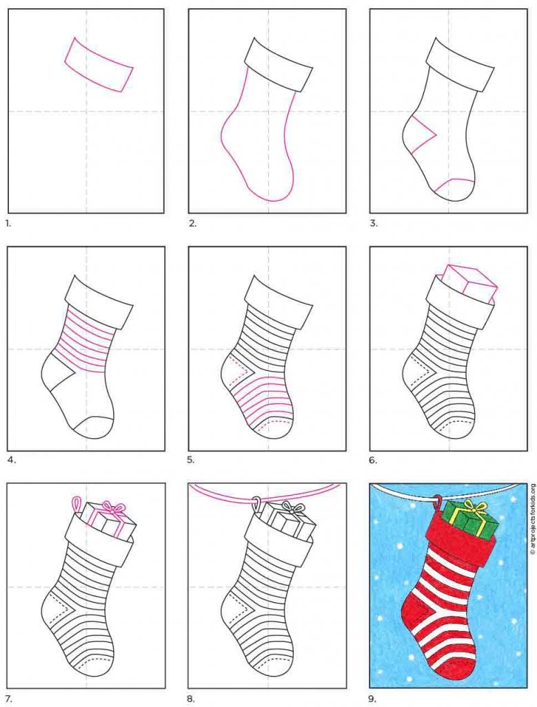 A step by step tutorial for how to draw an easy Christmas Stocking, also available as a free download.